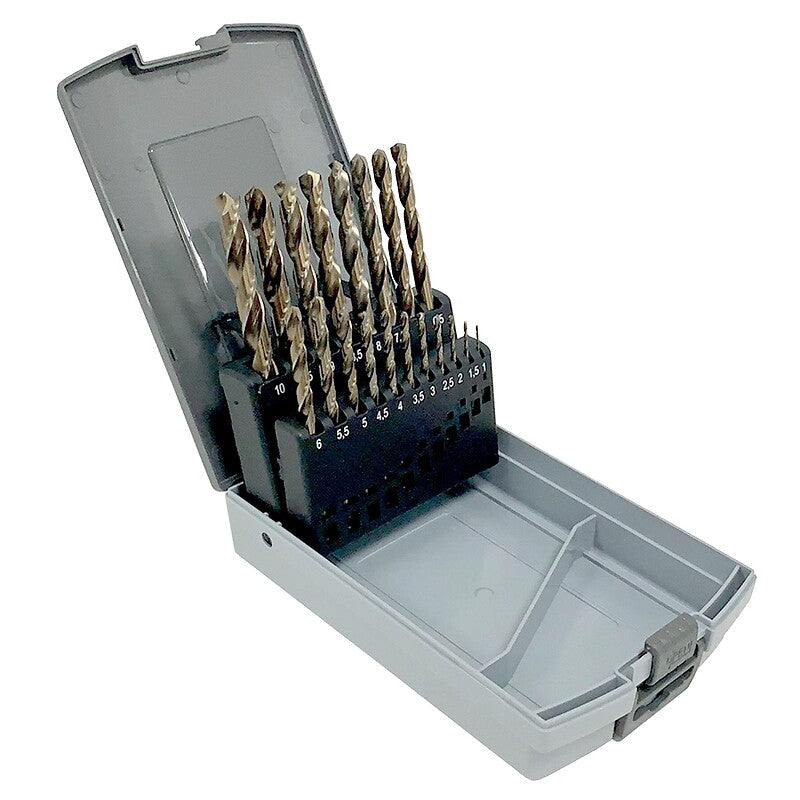 Coffret 19 forets métaux hss cobalt queue cylindrique frioul inox ø 1 à 10 par 0,5 mm. disponible abidjan cote d'ivoire.