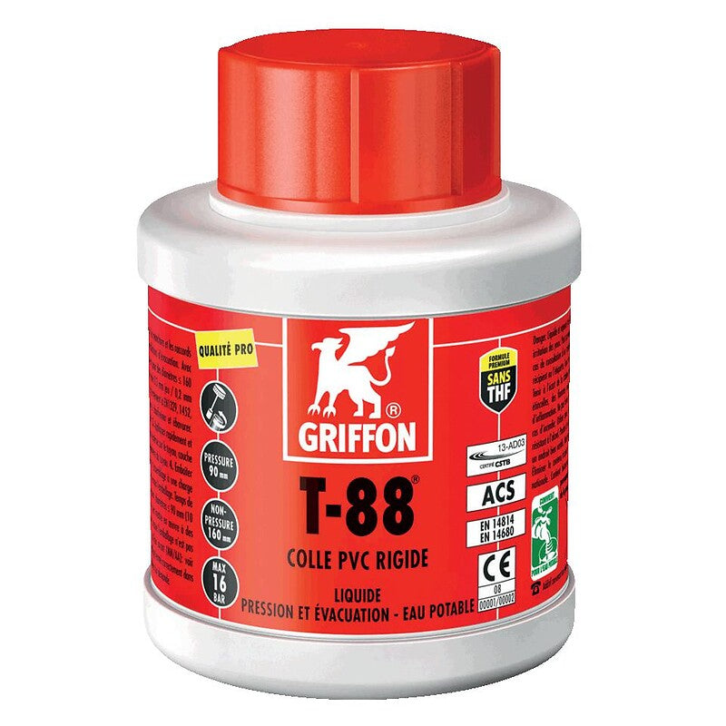 Colle t-88 liquide pour pvc rigide à prise rapide sans thf bidon de 1l avec pinceau goupillon. disponible abidjan cote d'ivoire.