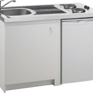 Cuisinette complète, meuble en mélaminé blanc, épaisseur 16 mm, 1 porte, poignée bouton, évier cuisinette référence cpae120 f 00, réfrigérateur référence mrt2048 z 00 - de l'ensemble réf. disponible abidjan cote d'ivoire.
