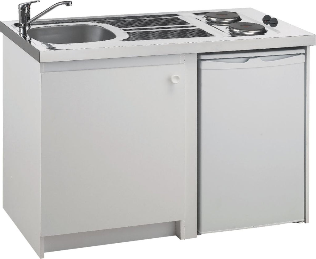Cuisinette complète, meuble en mélaminé blanc, épaisseur 16 mm, 1 porte, poignée bouton, évier cuisinette référence cpae120 f 00, réfrigérateur référence mrt2048 z 00 - de l'ensemble réf. disponible abidjan cote d'ivoire.