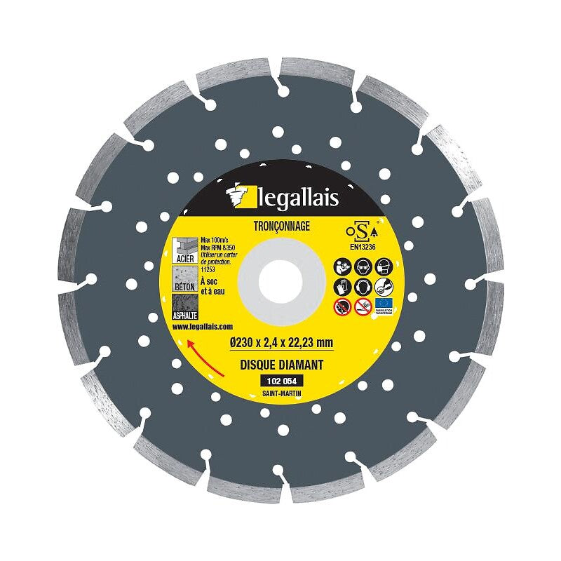 Disque à tronçonner diamant saint-martin polyvalent ø 230 épaisseur 2,4 mm alésage 22,2 mm. disponible abidjan cote d'ivoire.