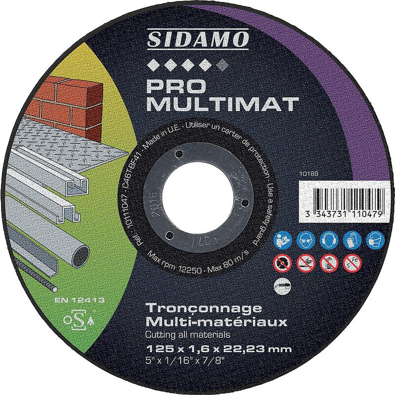 Disque à tronçonner multimatériaux pro multimat, diamètre 125mm, épaisseur 1,6mm, alèsage 22,2mm en boîte de 25 pièces. disponible abidjan cote d'ivoire.