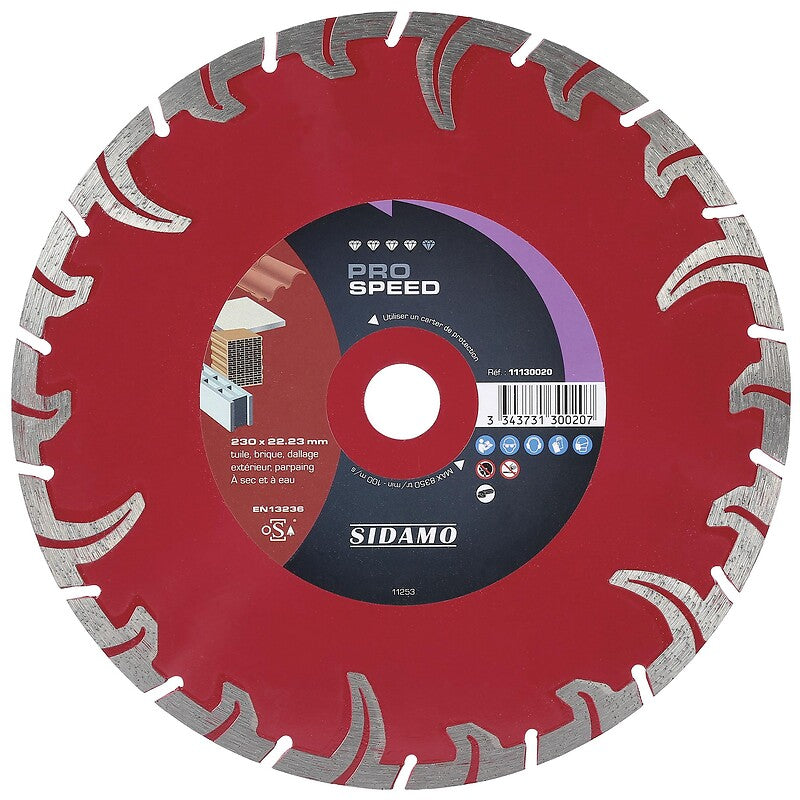 Disque diamant jante segmentée matériaux de construction pro speed diamètre 230 mm, épaisseur 2,6 mm, alésage 22,2 mm. disponible abidjan cote d'ivoire.