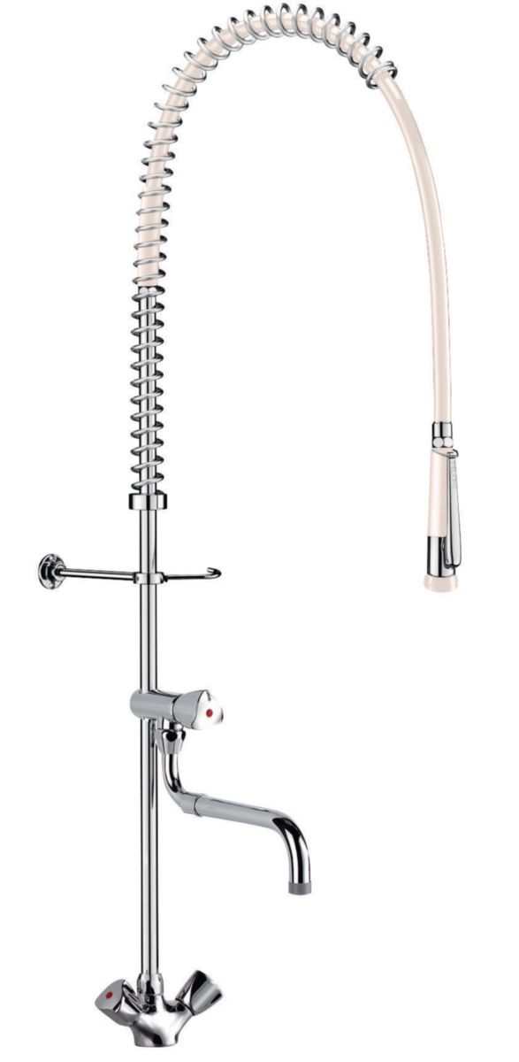 Ensemble de prélavage delabie avec mélangeur monotrou et robinet de puisage à bec télescopique, flexible et douchette blancs : réf. disponible abidjan cote d'ivoire.