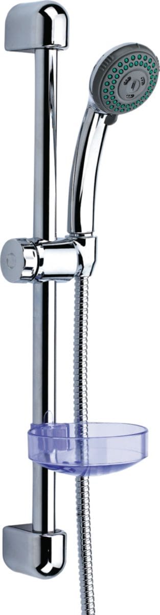 Ensemble hydrostyle avec barre : douchette 2 jets (pluie, aéré), flexible inox double agrafage 1,50 m écrou anti-torsion avec limiteur de débit, barre en laiton 600 mm d 22 mm et porte-savon, chromé réf. disponible abidjan cote d'ivoire.