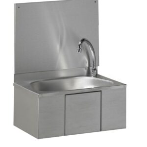 Lave-mains moderna en inox 18 / 10 standard commande par volet, cuve ovale avec bonde et col de cygne, dosseret 45x38cm, réf. disponible abidjan cote d'ivoire.
