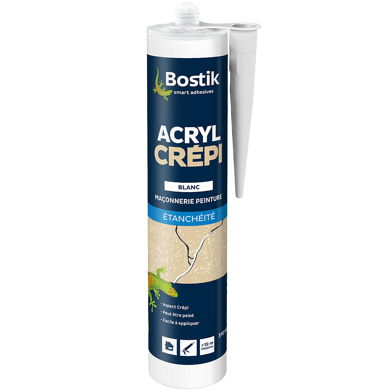 Mastic acrylique acryl crépi aspect granuleux pour joints de fissure sur supports en crépi blanc carton de 12 x 300ml. disponible abidjan cote d'ivoire.