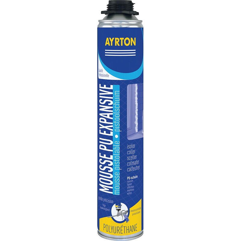 Mousse auto-expansive cartouche pistolable type clic mousse, contenance 750 ml net, carton de 12 cartouches. disponible abidjan cote d'ivoire.