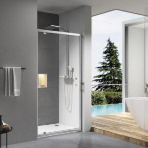 Paroi de douche concerto porte pivotante ouverture gain de place 70 cm profilé argent brillant verre transparent alterna, réf. disponible abidjan cote d'ivoire.