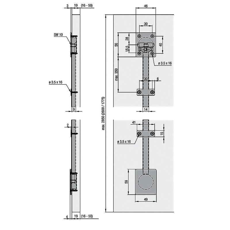 Raidisseur pour porte de meuble - kit complet pour hauteur 2040 à 2600 mm - en aluminium finition brut avec brides. disponible abidjan cote d'ivoire.