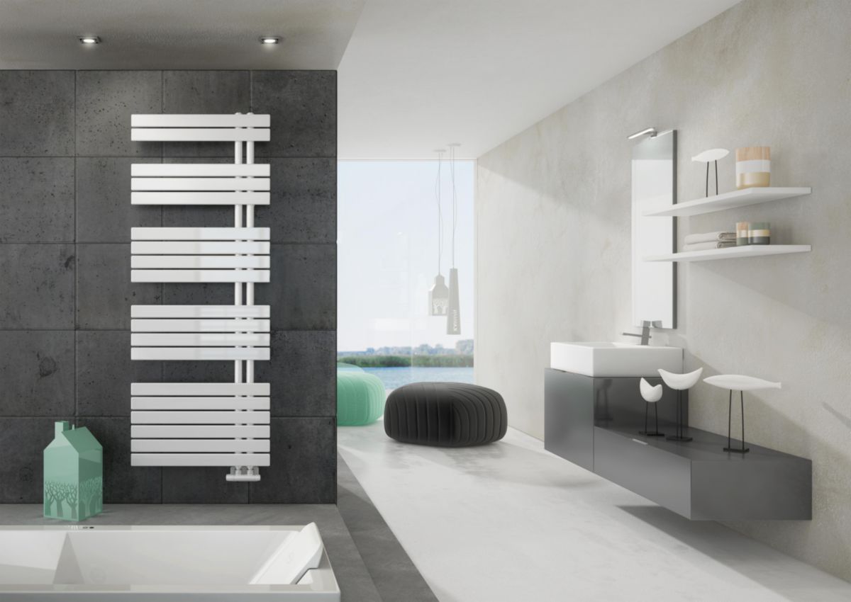 Sèche-serviettes eau chaude concerto asymétrique hauteur 1418 mm largeur 550 mm couleur blanc 605 watts. disponible abidjan cote d'ivoire.