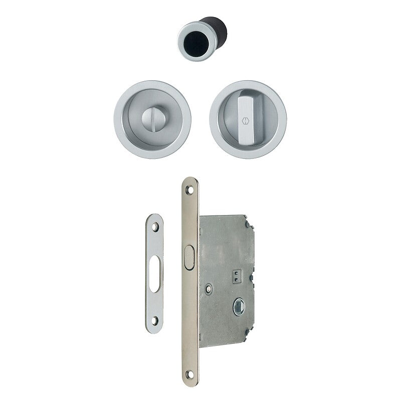 Serrure à condamnation rosace ronde pour porte coulissante intérieure avec manœuvres aluminium aspect laiton poli. disponible abidjan cote d'ivoire.