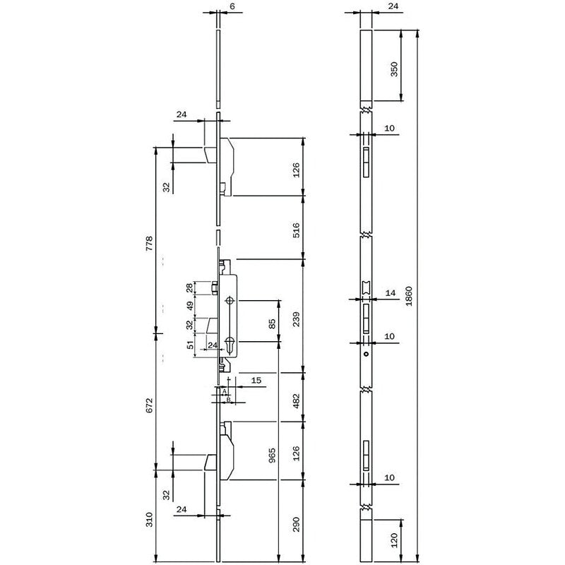 Serrure à larder 3 points à cylindre européen pêne dormant et rouleau tétiêre u de 24 x 6 x 1860 mm axe 30 electa tf3. disponible abidjan cote d'ivoire.