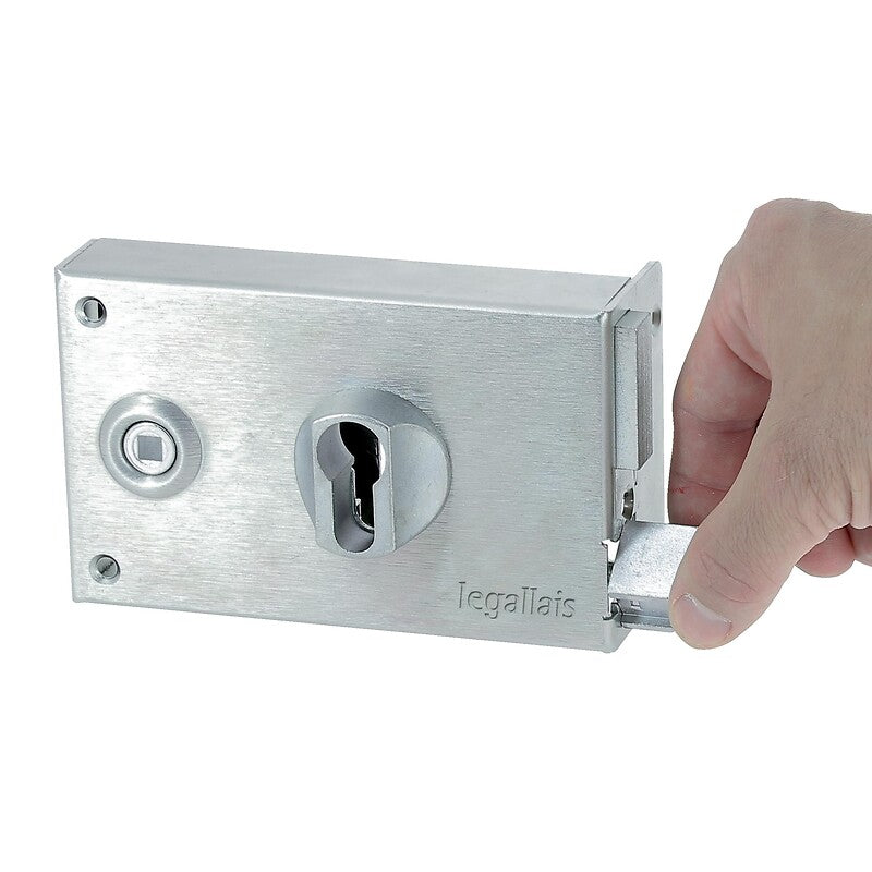 Serrure de grille en applique type saint pierre acier zingué blanc horizontale à fouillot main droite. disponible abidjan cote d'ivoire.