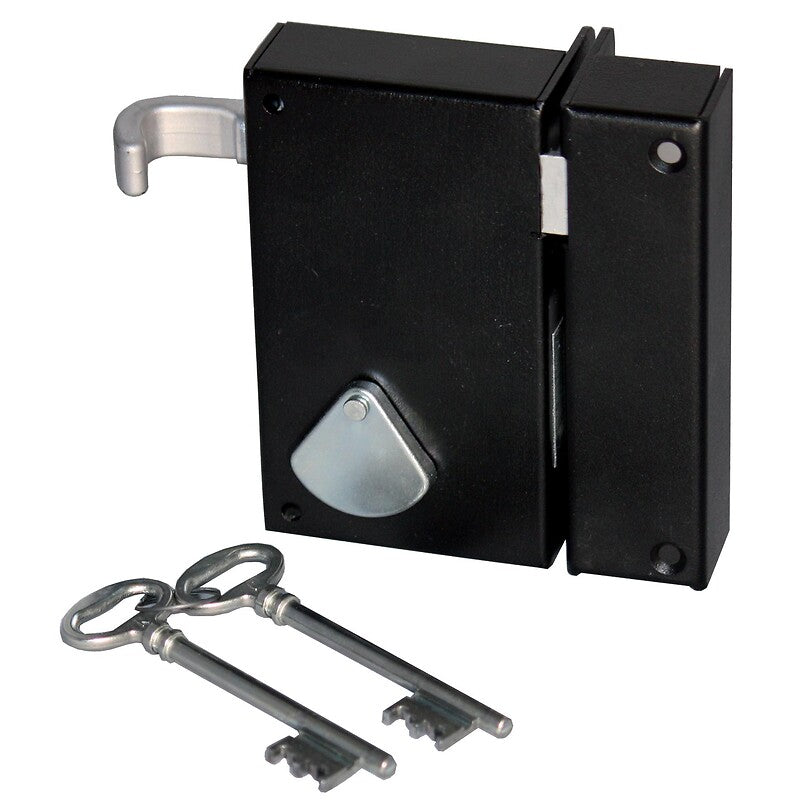 Serrure en applique à clé 4 gorges saint pierre coloris noir verticale à tirage main gauche. disponible abidjan cote d'ivoire.