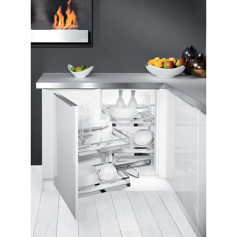 Système extractible magic corner porte l450 mm sens droite avec 1 ferrure d'angle avec amorti et 4 plateaux arena style. disponible abidjan cote d'ivoire.