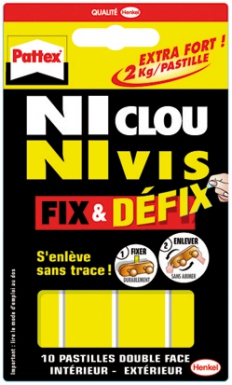Adhésif de fixation ni clou ni vis fix & défix pattex - multi-supports - 10 pastilles. disponible abidjan cote d'ivoire.