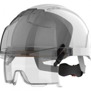 Casque de chantier evo®vistalens en abs - blanc - serrage crémaillère - basane anti-sueur en coton égyptien - protection oculaire en166 - sans porte badge. disponible abidjan cote d'ivoire.
