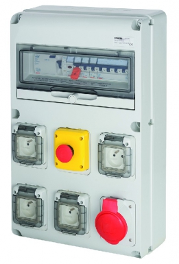 Coffret d' alimentation provisoire tri+neutre - q-din 14 - 4p 40a - 26 kva - 4 pc 2p+t 230v 16a + 1 pc 3p+n+t 400v 32a iec - diff. disponible abidjan cote d'ivoire.