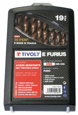 Coffret de 19 forets métaux cylindriques e furius - pointe en croix - acier super rapide hss - ø 1 à 10 mm - pas 1/2. disponible abidjan cote d'ivoire.