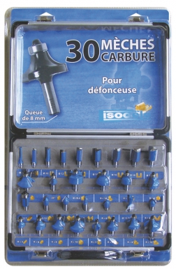 Coffret de 30 mèches carbure pour défonceuse - queue 8 mm cylindrique et profils. disponible abidjan cote d'ivoire.