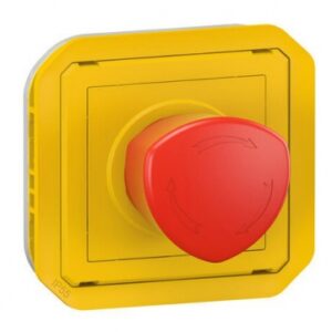 Coup de poing d'urgence poussoir déverrouillage 1/4 tour étanche plexo ip55 avec enjoliveur jaune et bouton rouge. disponible abidjan cote d'ivoire.