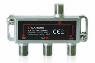Dérivateurs standards vde 220 dérivateurs 2 sorties, pertes dérivation 20 db, pertes passage 5-1000 mhz 2,5 db, pertes passage 1000-2300 mhz 3,2 db. disponible abidjan cote d'ivoire.