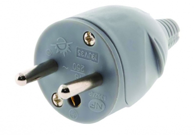 Fiche standard mâle 2 p+t - 16a - sortie droite - gris. disponible abidjan cote d'ivoire.
