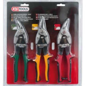 Jeu de 3 cisailles à tôle, ouverture auto, arrêt de verrouillage, poignées bi-matière. disponible abidjan cote d'ivoire.