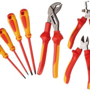 Jeu de 7 outils isolés 1000 v : 1 pince coupante, 1 pince à dénuder, 1 pince multiprise, 3 tournevis fente, 1 tournevis pozidriv. disponible abidjan cote d'ivoire.
