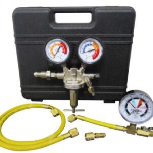Kit manodétendeur d'azote d'essai de pression : coffret, flexible de charge jaune 48", adaptateur pour détection de fuite, adaptateur r410a droit 1/4 fl-m x 5/16 f orientable. disponible abidjan cote d'ivoire.