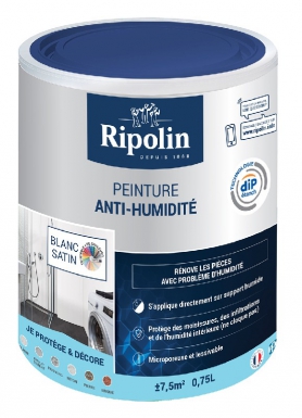 Peinture anti-humidité pour murs intérieurs microporeuse et lessivable - s'applique sur murs humides, non enterrés (plâtre, enduit, ciment, parpaing, béton, pierre, brique)- blanc satin - 0,75l. disponible abidjan cote d'ivoire.