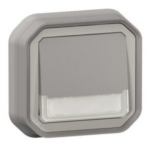 Poussoir no-nf lumineux porte-étiquette avec voyant étanche plexo 10a ip55 ik08 livré complet fixation encastré - gris. disponible abidjan cote d'ivoire.