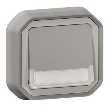 Poussoir no-nf lumineux porte-étiquette avec voyant étanche plexo 10a ip55 ik08 livré complet fixation encastré - gris. disponible abidjan cote d'ivoire.