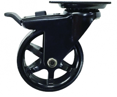 Roulette " wagons " 75 mm noir brillant - bandage tpu et frein charge 50 kg dim. disponible abidjan cote d'ivoire.