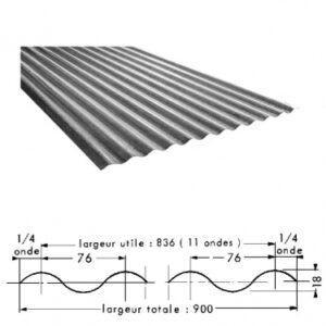 Tôle ondulée galvanisée onde 76x18 mm 3000x900x0,63 mm poids feuille = 15 kg. disponible abidjan cote d'ivoire.