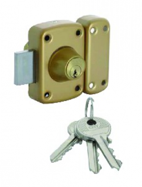 Verrou " iseo-city " à 2 entrées verni or, gâche " bois " cyl. disponible abidjan cote d'ivoire.